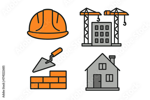 Construction icon set. Building industry vector graphics. Hard hat, helmet, tower crane, residential house, trowel, brick wall. Real estate development. Architecture symbols.