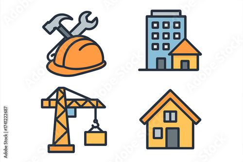 Vector icon set for construction and building industry. Includes crane, hard hat with tools, residential house, and apartment block. Real estate, architecture, engineering symbols.