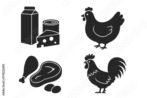 Food icons set. Grocery store products silhouette. Farm fresh poultry, meat, dairy symbols. Chicken, rooster, steak, eggs, milk, cheese and canned food vector collection.