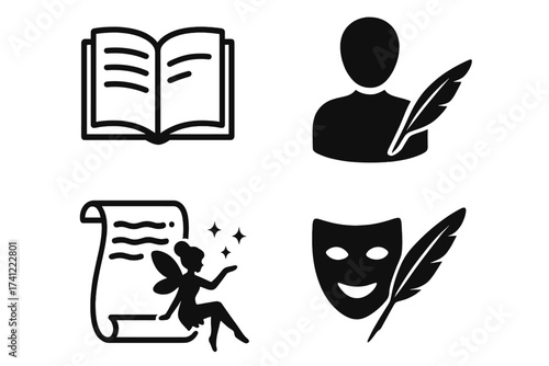 Storytelling vector icon set. Writer, author, poet symbol with quill pen. Open book for literature, library. Theatre mask for drama, comedy. Fairy on scroll for fantasy tale.