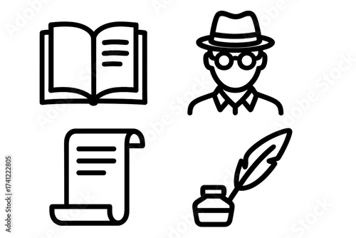 Writer and author icon set with book, manuscript, and quill pen. Vector design for literature, journalism, storytelling. History, education, poetry, detective novel concept symbols.