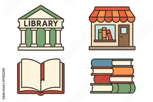 Library and bookstore vector icon set. Illustrations of a library building, book shop, stacked books, and an open textbook. Symbols for education, knowledge, reading, and literature.