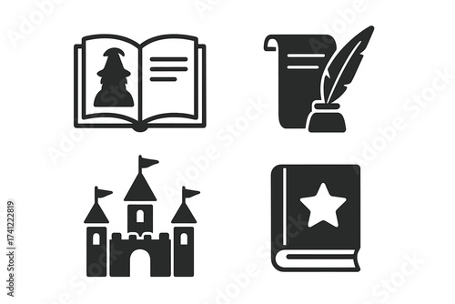 Fairy tale story icon set. Vector glyph collection for fantasy and magic concepts. Includes open book with wizard, castle, scroll with quill pen, and spellbook with star sign.