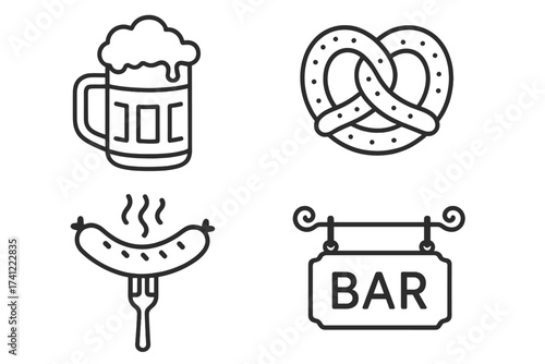 Oktoberfest line icon set with beer mug, pretzel, sausage. German food and drink symbols for a bar menu or festival. Vector illustration of pub and brewery elements.