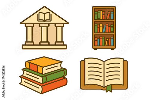Library and bookstore icon set. Vector illustration of reading, knowledge, and education symbols. Includes bookshelf, book stack, and university building logo elements.