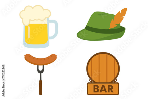 Vector illustration icon set of Oktoberfest symbols. German beer festival collection with beer mug, sausage, Bavarian hat and bar sign. Traditional German culture celebration.
