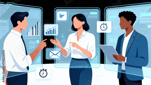 Business team collaborating with digital interfaces