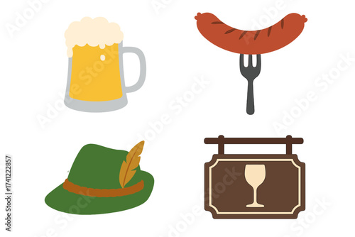 Oktoberfest icon set. Vector illustration of German beer festival symbols. Includes beer mug, grilled sausage, traditional Bavarian hat, and pub sign. Food and drink concept.