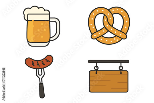 Oktoberfest icon set. Vector illustration of German festival symbols: beer mug, pretzel, sausage, and bar sign. Traditional Bavarian food and drink for celebration menu.