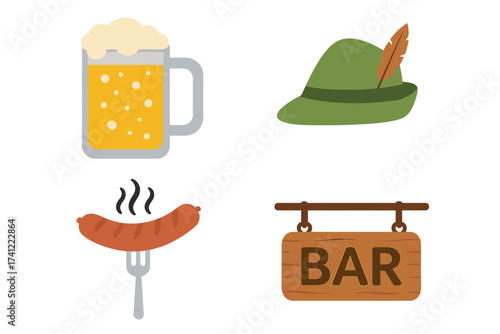 Vector illustration icon set of Oktoberfest symbols. German beer festival elements with beer mug, Bavarian hat, grilled sausage, and bar sign. Flat design for party or menu.