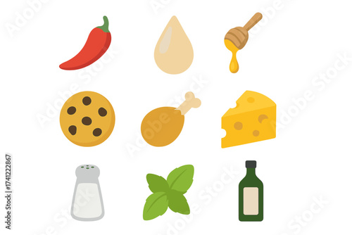 Vector food icon set. Collection of cooking ingredients. Includes chili pepper, garlic, honey, cookie, chicken drumstick, cheese, salt shaker, basil leaves, oil bottle. Flat design.