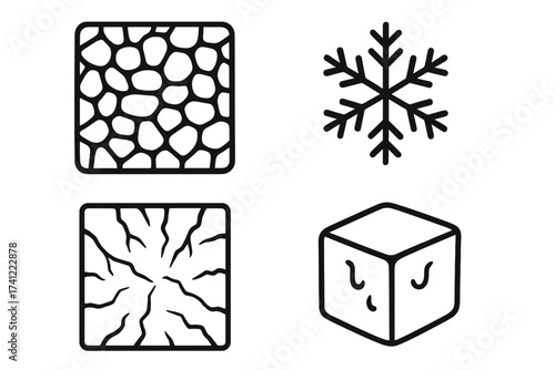 Vector icon set of frozen texture and cold symbols. Collection of line art icons including snowflake, ice cube, cracked surface, and stone pattern. Winter and freeze concept.