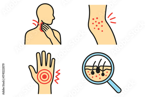 Pain and dermatology vector icon set. Medical illustration of symptoms like sore throat, skin rash, hand pain, and dermatological analysis. Healthcare and body aches concept.
