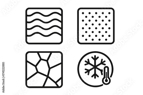 Vector line icon set of material properties. Texture icons: wavy, porous, dry cracked earth. Frozen symbol with snowflake and thermometer. Simple outline graphic elements.