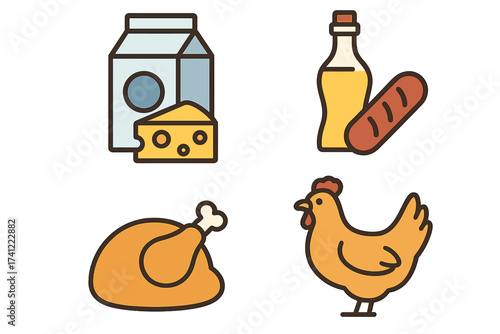 Food icon set vector illustration. Grocery store product symbols. Dairy with milk and cheese. Poultry with live chicken and roasted bird. Bread and cooking oil. Farm fresh food.