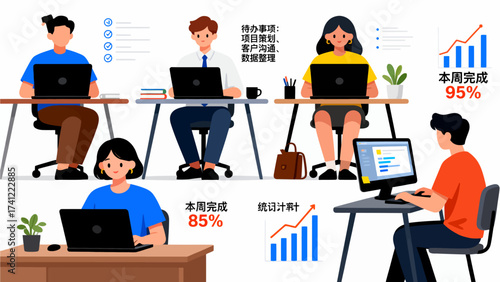 People working at desks with laptops and charts