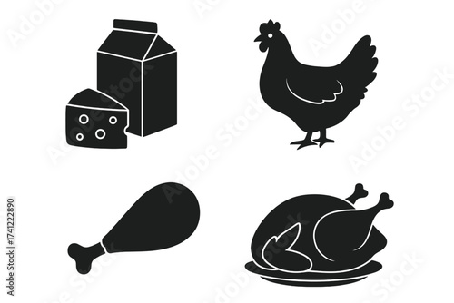 Vector icon set of poultry and dairy products. Includes live chicken, roasted chicken, chicken leg, milk carton, and cheese. Food symbols for grocery, farm, and market.