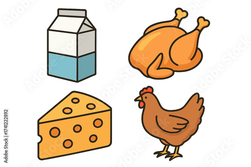 Food icon set. Vector collection of dairy and poultry products. Milk carton, cheese wedge, roasted chicken, and hen illustration. Grocery store, farm fresh food concept.