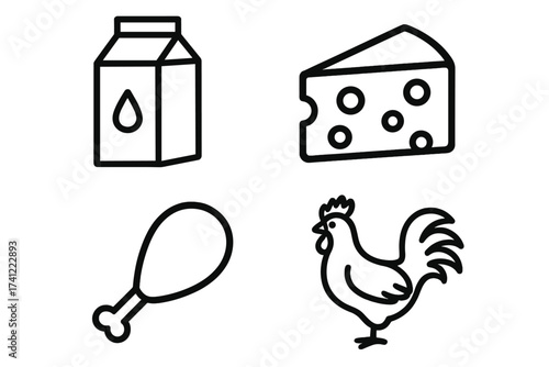 Set of food line icons. Vector illustration of dairy and poultry product symbols. Milk carton, cheese wedge, chicken leg and rooster. Farm fresh grocery concept for menu design.
