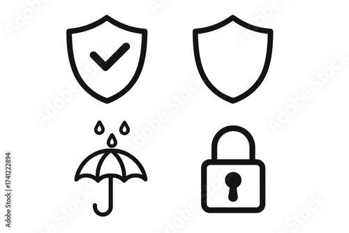 Vector icon set for security and protection. Shield with check mark, padlock, and umbrella symbols. Concepts of safety, guarantee, privacy, data protection, and waterproof.