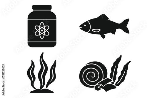 Protein and sea food icon set vector illustration. Glyph pictograms of fish, seaweed, algae, snail, and supplements. Nutrition, diet, healthy eating, and marine life symbols.