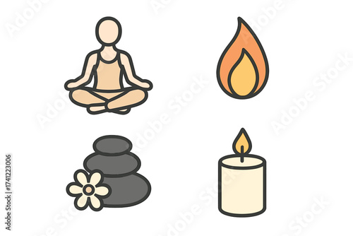 Vector icon set for relaxation and meditation. Yoga lotus pose, zen stones, candle light, and flame. Wellness, spa, and mindfulness symbols for graphic design. Calm and harmony.