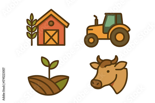 Agriculture and farming icon set. Farm elements. Vector illustration barn, tractor, crop sprout, cow head. Livestock breeding, cultivation. Rural life concept. Organic food.