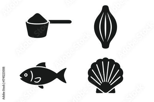 Protein sources icon set vector graphic. Seafood, fish, scallop shell. Muscle anatomy, bodybuilding supplement powder scoop. Fitness, workout, nutrition, healthy food, diet.