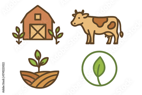 Agriculture and farming icon set. Vector illustration of farm life with barn, cow, and plant sprout. Concepts for livestock breeding, organic food, nature, and ecology.