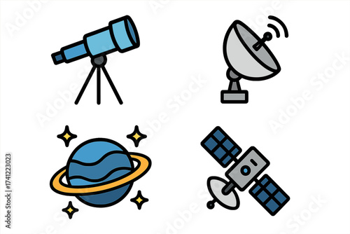 Set of astronomy and space exploration icons. Vector illustration of a telescope, satellite dish, planet and space satellite. Science and technology concept for design.