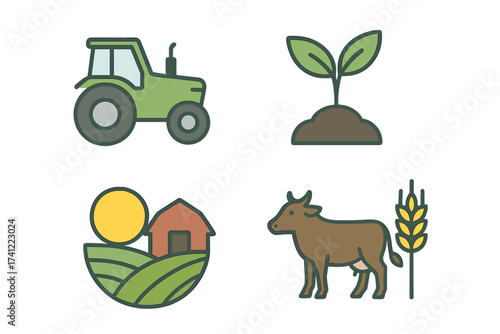 Vector illustration of agriculture and breeding icons. Tractor, cow, farm, plant, wheat. Farming and rural life concept. Set of agricultural line art symbols for cultivation.