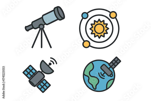 Astronomy and technology icon set. Vector illustration. Space exploration, science, research. Telescope, solar system, planet orbit, satellite communication, global network.