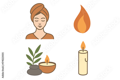 Spa and wellness icon set vector illustration. Woman face in towel for beauty treatment. Zen stones, candle light and flame for aromatherapy meditation and relaxation concept.