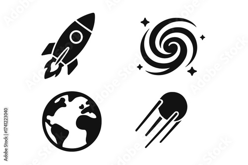 Space and galaxy icon set. Vector illustration of astronomy symbols. Rocket launch, planet earth, spiral galaxy and sputnik satellite. Universe exploration graphic elements.