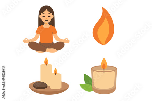 Vector illustration set for relaxation, meditation, and wellness. Woman practicing yoga in lotus pose, scented candles for aromatherapy, spa stones, and flame icon pack.
