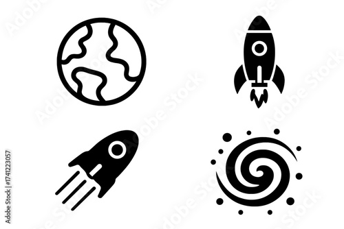 Space icon set with planet Earth, rocket ship launch, spaceship, and spiral galaxy. Astronomy and science vector glyph symbols. Cosmos exploration, universe, celestial objects.
