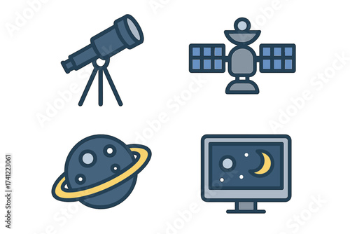 Astronomy icon set vector. Space exploration and science technology concept. Telescope, satellite, planet, monitor. Galaxy research, astrology, cosmos observation symbol.