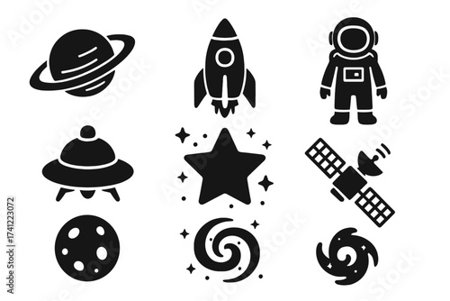 Space icon set vector illustration. Collection of galaxy elements silhouette. Astronaut, rocket, planet, UFO, satellite, star, moon, spiral galaxy glyphs for web and graphic design.