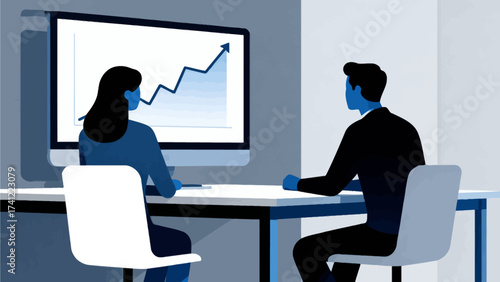 Two people reviewing a rising graph on screen