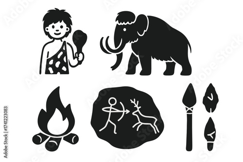 Prehistoric stone age icon set. Caveman, mammoth, campfire, and ancient tools. Vector illustration of paleolithic life. Rock art, hunting scene, spear and arrowheads.
