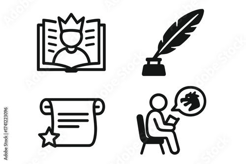 Vector icon set for storytelling, literature and fantasy. Includes fairytale book, author quill, magic script and reader with dragon imagination. Creative writing concept.