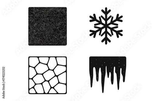 Winter icon set vector illustration. Collection of frozen symbols. Snowflake, icicles, cracked ice pattern and frost texture. Cold weather concept for design. Black and white.
