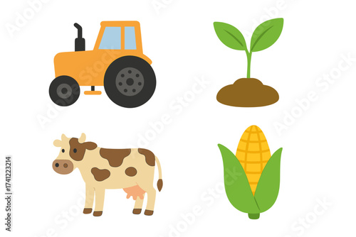 Farming and agriculture icon set isolated on white. Vector flat illustration of farm life elements. Tractor, dairy cow, corn crop, plant sprout for breeding & cultivation.