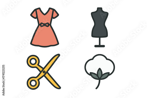 Fashion and garment industry icon set vector. Dress, tailor mannequin, scissors, cotton. Clothing production, sewing, design, atelier, textile concept. Apparel manufacturing.