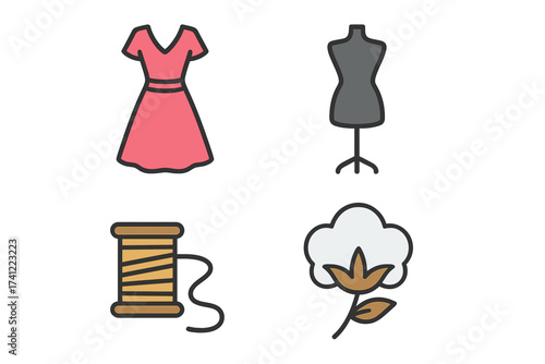 Fashion and garment vector icon set. Sewing, tailoring, dressmaking concepts. Includes a dress, mannequin, thread spool, and cotton plant. Textile and apparel industry symbols.