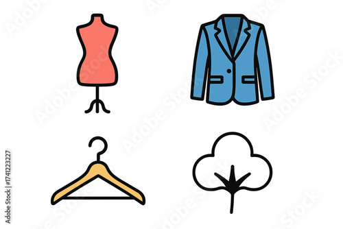 Fashion and garment industry vector icon set. Mannequin, suit blazer, hanger and cotton plant symbols. Concepts for tailoring, apparel, clothing design, boutique, sewing, textile.