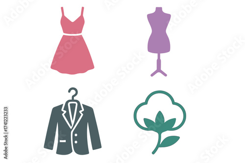 Fashion and garment icon set. Vector illustration for clothing, apparel, and textile industry. Includes dress, suit, mannequin, and cotton plant symbols for logo design.