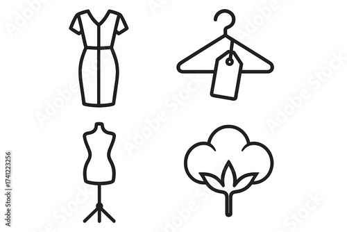 Fashion and garment icon set. Vector line art symbols for the clothing industry. Includes dress, hanger, price tag, tailor mannequin, cotton plant. For boutique, retail, and textile concepts.
