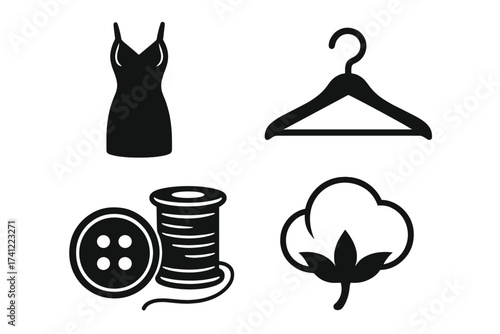 Fashion and garment industry icon set. Vector illustration of clothing production symbols. Includes dress, hanger, sewing thread, button, and natural cotton plant logo.