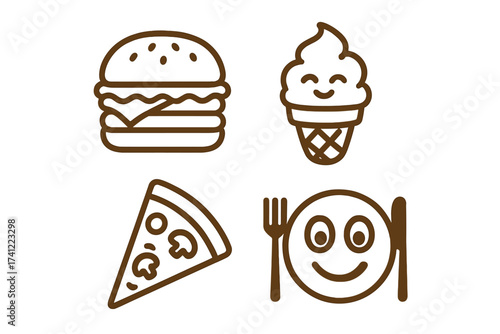 Vector line art icon set of yummy fast food. Includes burger, pizza slice, happy ice cream cone, and smiley plate. Concept for restaurant menu, cafe branding, food delivery logo.